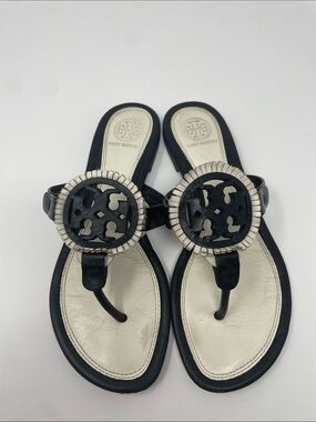 Tory Burch Miller Fringe Size 6.5 White Black Leather Sandals